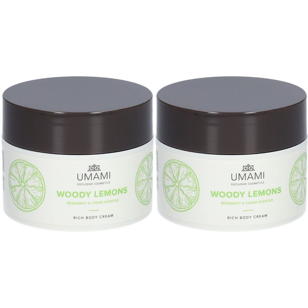 Deux pots de crème riche pour le corps. Étiquette blanche avec motif citron vert et nom du produit. Couvercle marron.