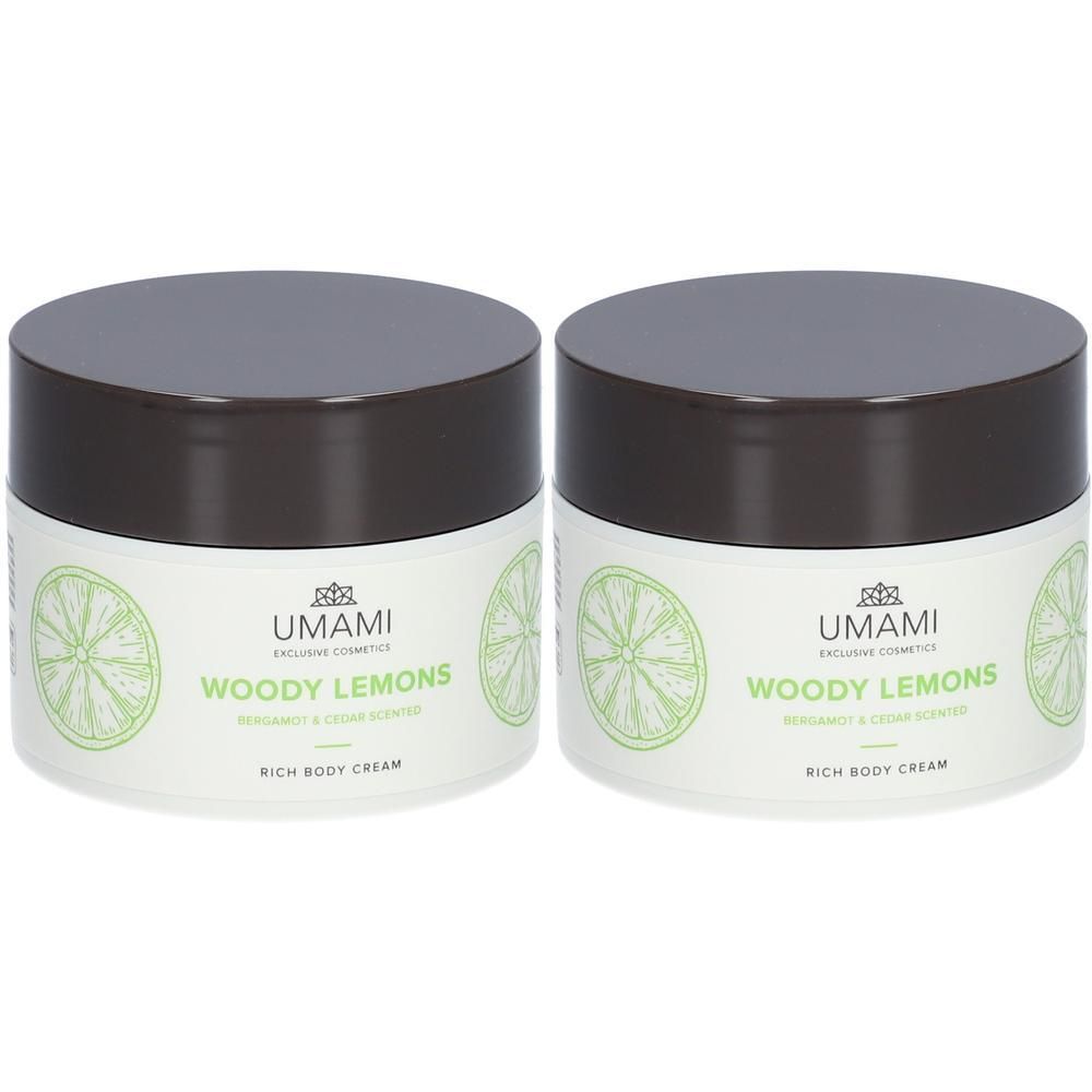 Deux pots de crème riche pour le corps. Étiquette blanche avec motif citron vert et nom du produit. Couvercle marron.