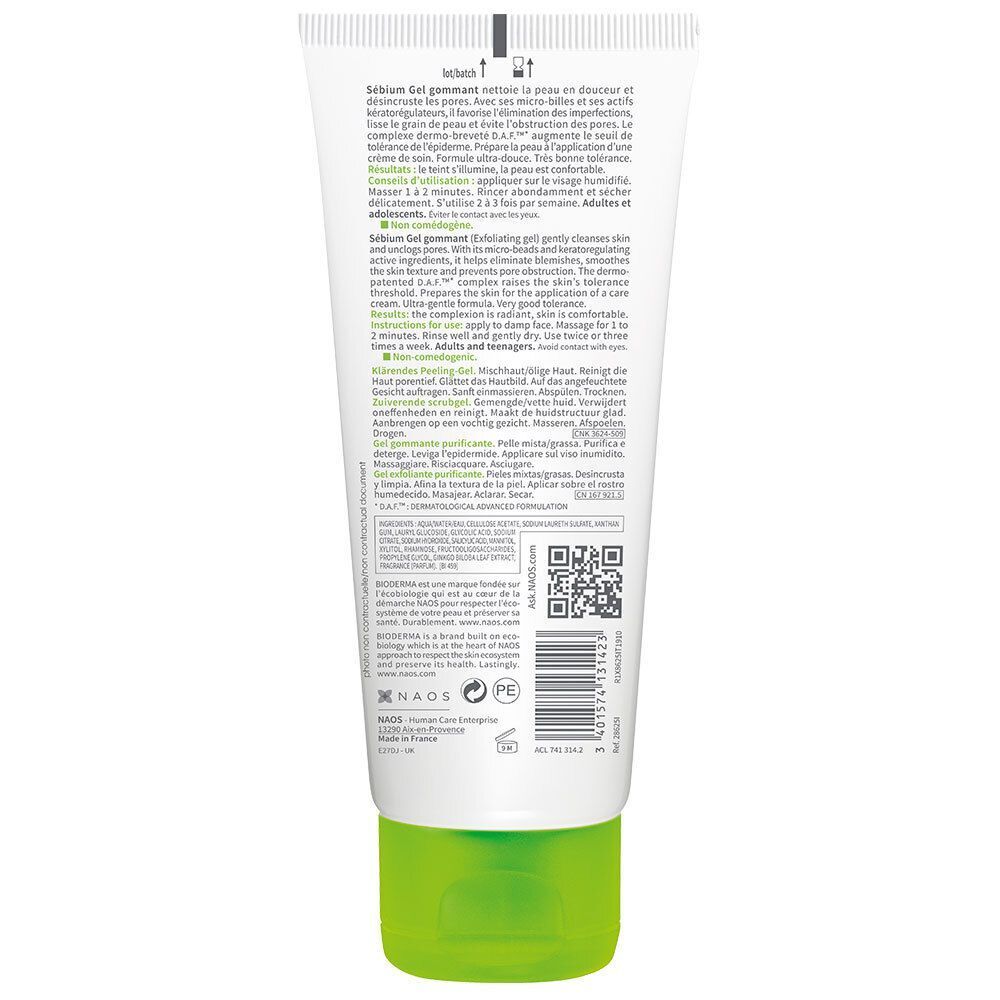 Dos d'un tube de Bioderma Sébium Gel gommant. Texte et code QR sur fond blanc. Bouchon vert.