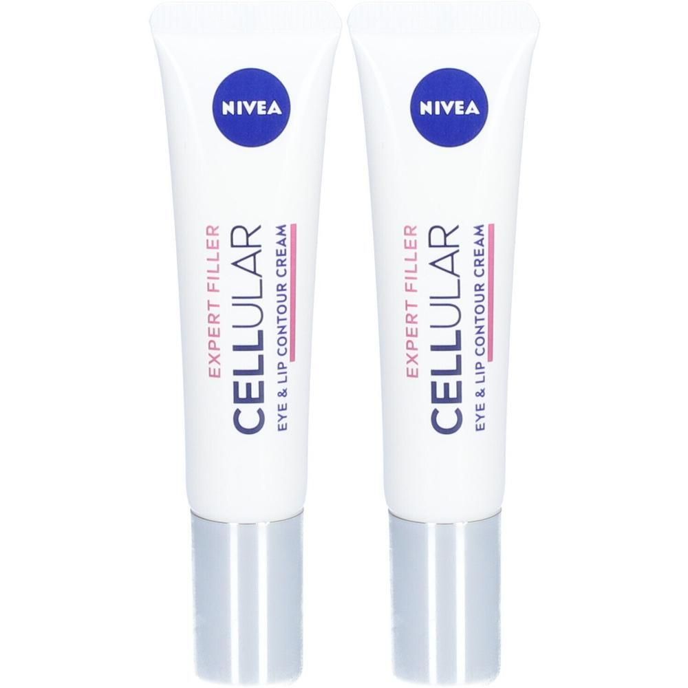 Deux tubes de crème blancs avec logo bleu et texte. Fermeture argentée. Inscription: Cellular Eye & Lip Contour Cream.