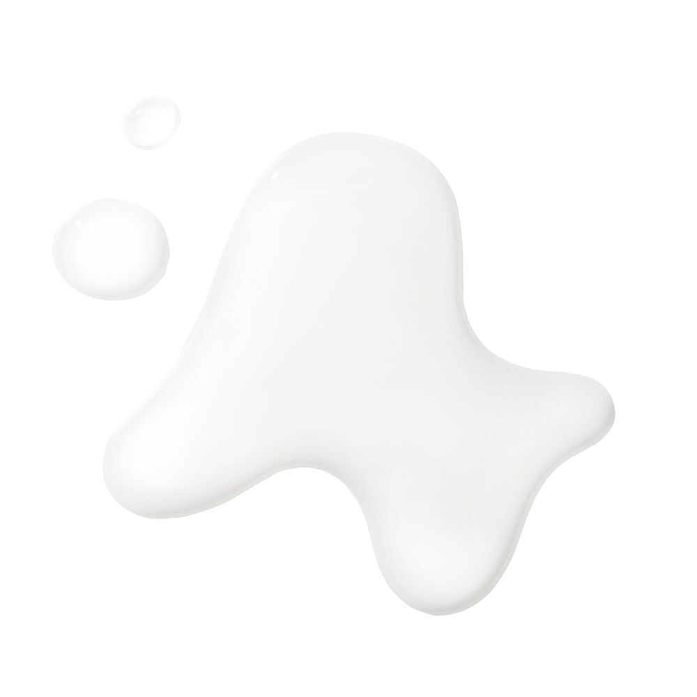 Liquide blanchâtre sur fond blanc. Trois gouttes, une plus grande que les autres.