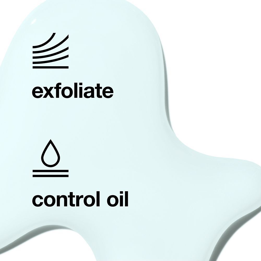 Gros plan d'une surface turquoise avec texte et symboles. Texte: exfoliate, control oil.