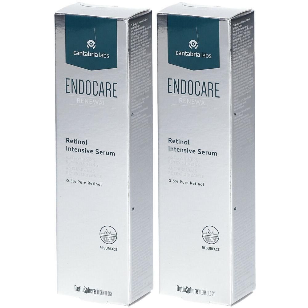 Deux boîtes de sérum intensif au rétinol Endocare Renewal. Emballage argenté avec nom et logo du produit.