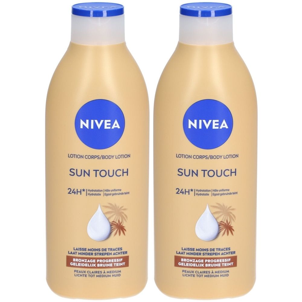 Deux flacons de lotion Nivea Sun Touch. Flacons beiges avec bouchon et étiquette bleus. Inscription : Sun Touch, 24H.
