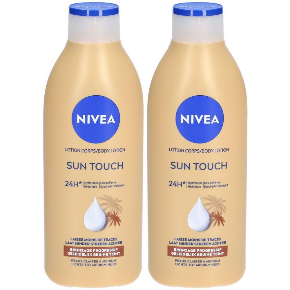 Deux flacons de lotion Nivea Sun Touch. Flacons beiges avec bouchon bleu et logo. Texte: Sun Touch, hydratation 24H.