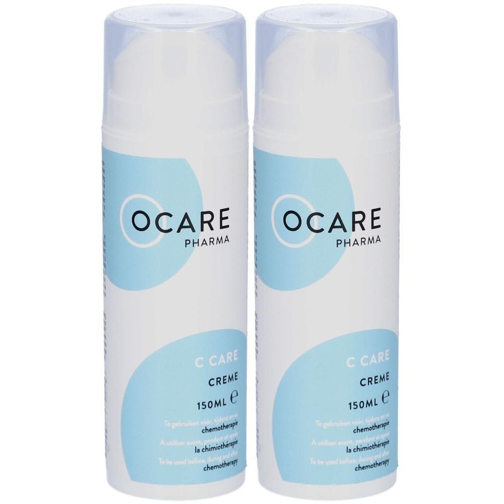 Deux flacons de crème OCARE PHARMA C Care. Flacons blancs avec étiquette bleue. Texte: C Care Creme, 150ml.