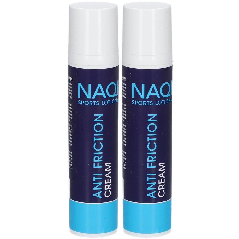 Deux tubes de crème anti-friction NAQI. Bouchons blancs, étiquettes bleu foncé avec texte blanc. Base turquoise.