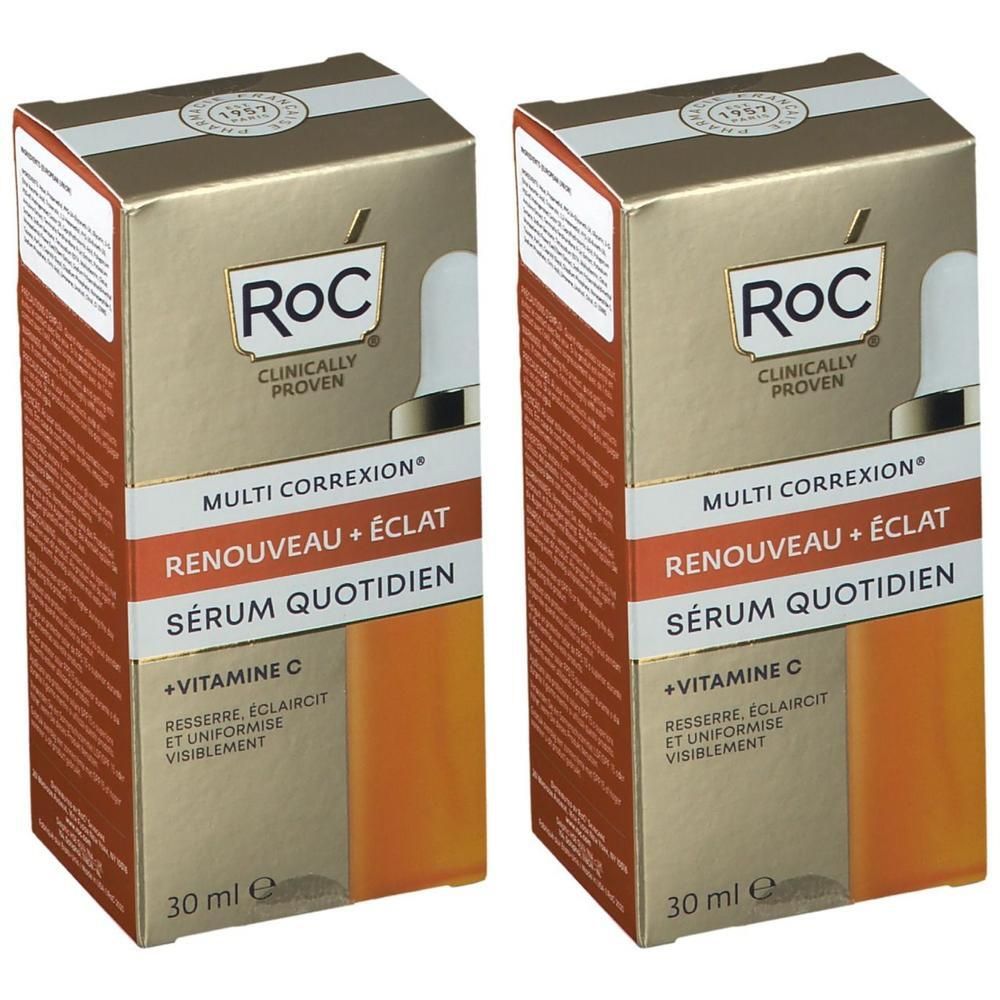 Deux boîtes RoC®. Boîtes dorées avec logo et nom du produit. Texte: MULTI CORREXION, Renouveau + Éclat, Sérum Quotidien.