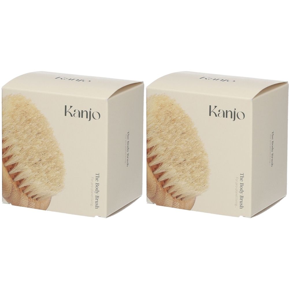Deux boîtes carrées. Sur le devant, le mot "Kanjo" et une image d'une brosse pour le corps. Sur le côté, "The Body Brush".