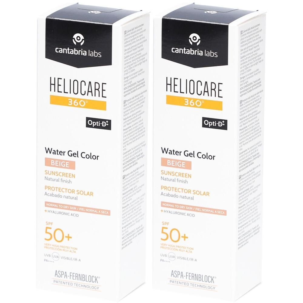 Deux boîtes de Heliocare 360° Water Gel Color Beige SPF50+. Emballage blanc avec informations et logo.