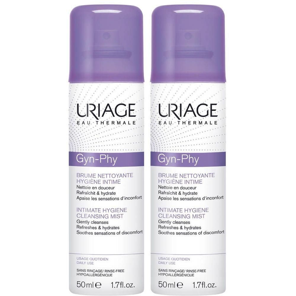 Deux flacons de brume nettoyante Uriage Gyn-Phy. Bouchons violets, étiquettes blanches. 50ml, 1.7 fl.oz.