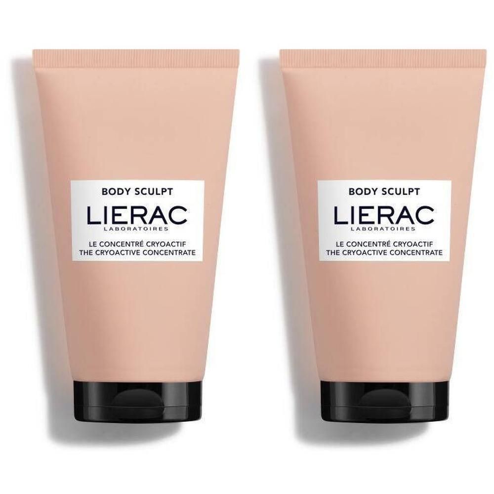 Deux tubes de soin corporel rose. Bouchon noir, étiquette blanche avec texte: Lierac, Body Sculpt, Le Concentré Cryoactif.