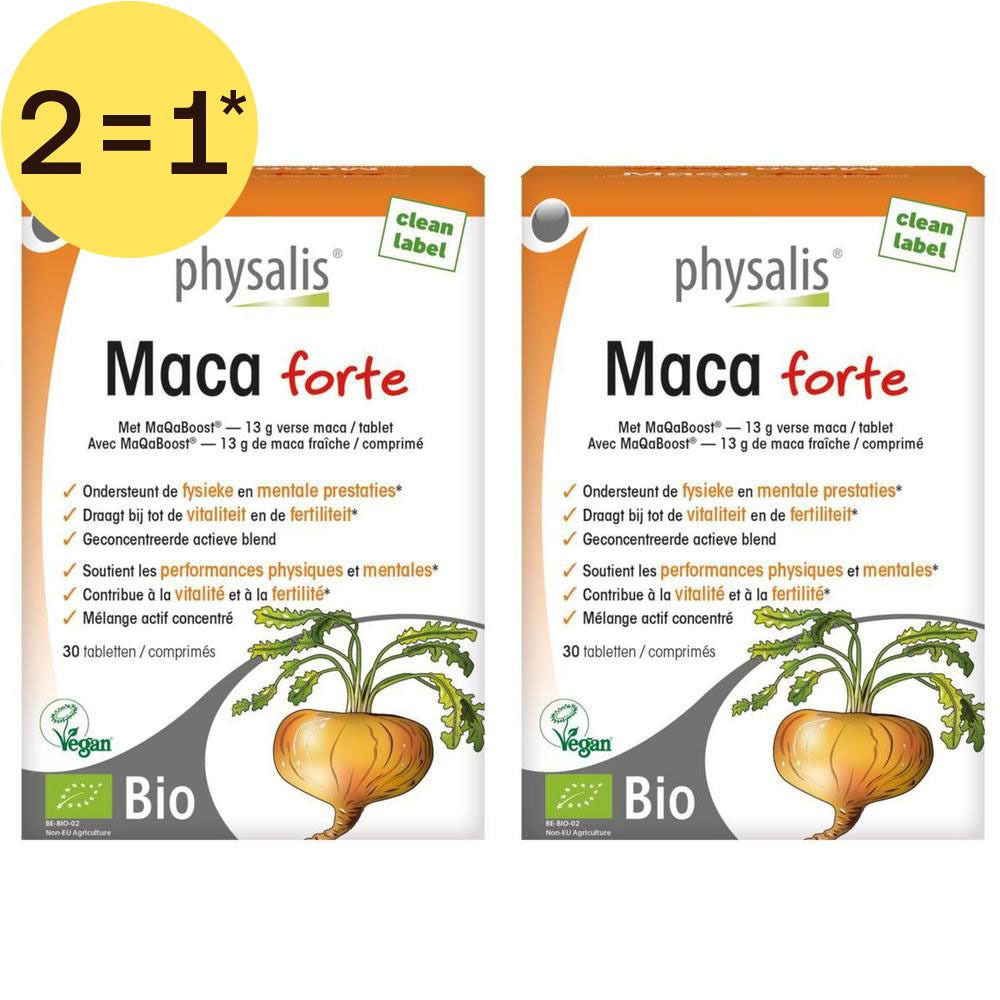 Deux paquets de Physalis Maca Forte, 30 comprimés chacun. Une racine de maca est représentée.