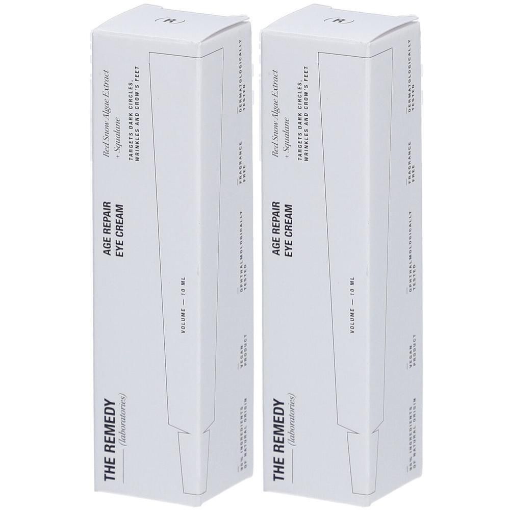 Deux boîtes blanches avec 'AGE REPAIR EYE CREAM'. Texte: 'THE REMEDY (laboratories)'. Contient 10 ml.