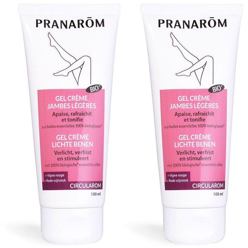 Deux tubes de gel crème Pranarôm Jambes Légères Bio. Blanc, texte rose et violet. Logo Bio. Illustration de jambes.