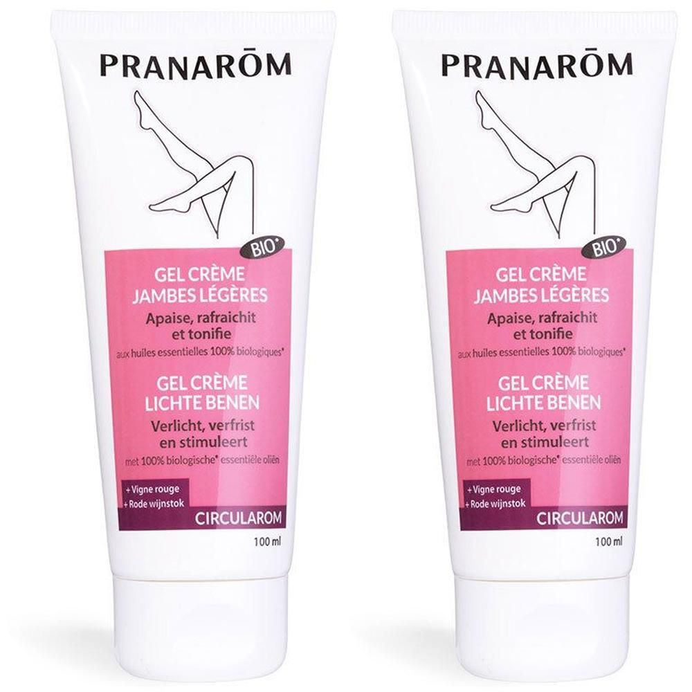 Deux tubes de gel-crème, blanc avec étiquette rose. Inscription: PRANAROM, Gel Crème Jambes Légères, label BIO, illustration de jambe.