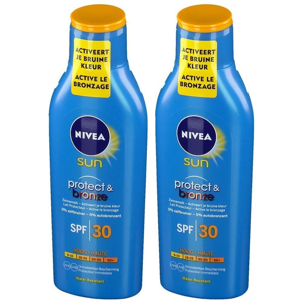 Deux flacons bleus NIVEA Sun Protect & Bronze Lait Protecteur SPF30 avec bouchons et étiquettes jaunes.