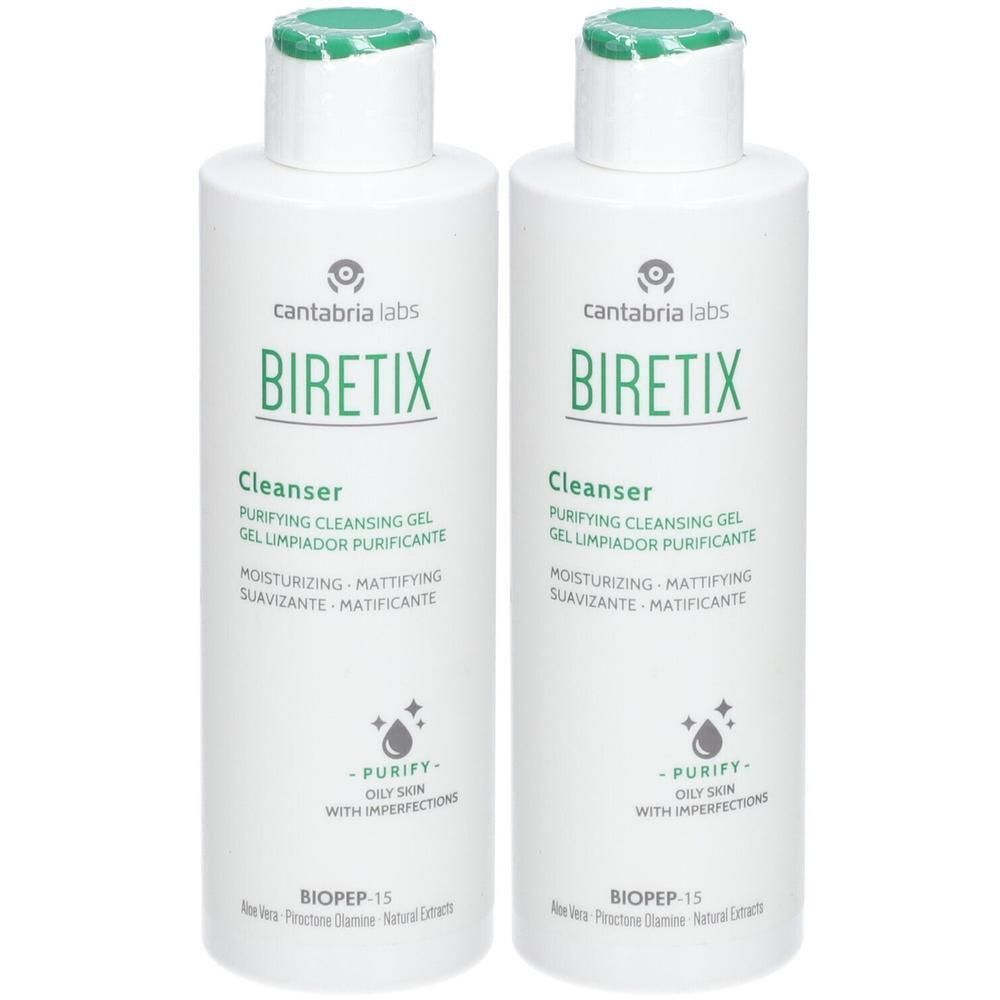 Deux flacons blancs avec bouchons verts. Inscription: BIRETIX Cleanser, cantabria labs. Texte: Purifying Cleansing Gel.