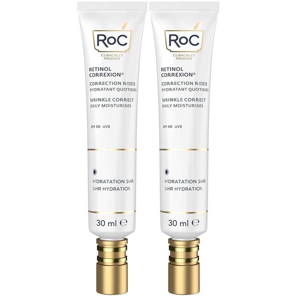 Deux tubes RoC Retinol Correxion, blancs avec bouchons dorés. Texte: Retinol Correxion, SPF 30, 30 ml.