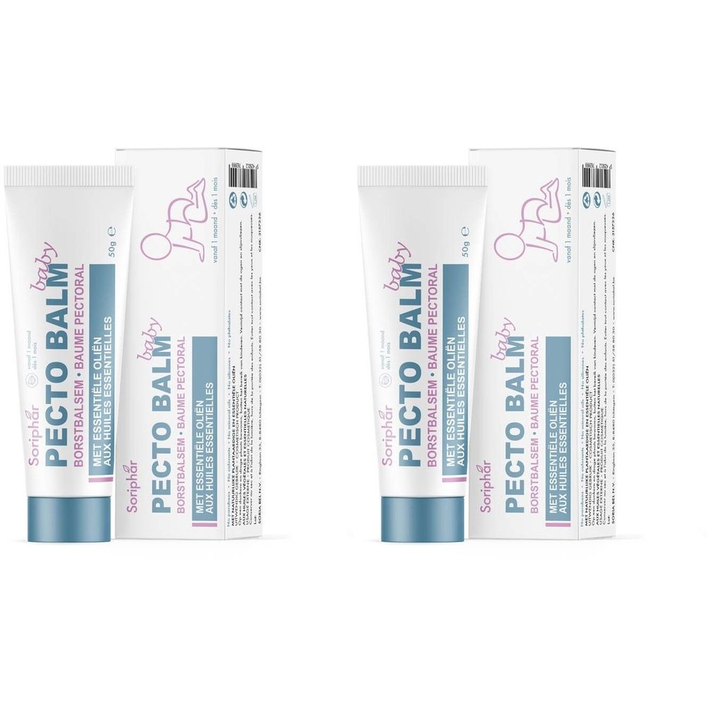 Deux tubes et boîtes. Inscription : Pecto Balm Baby. Illustration d'un bébé. Texte multilingue. Marque : Scriphar.