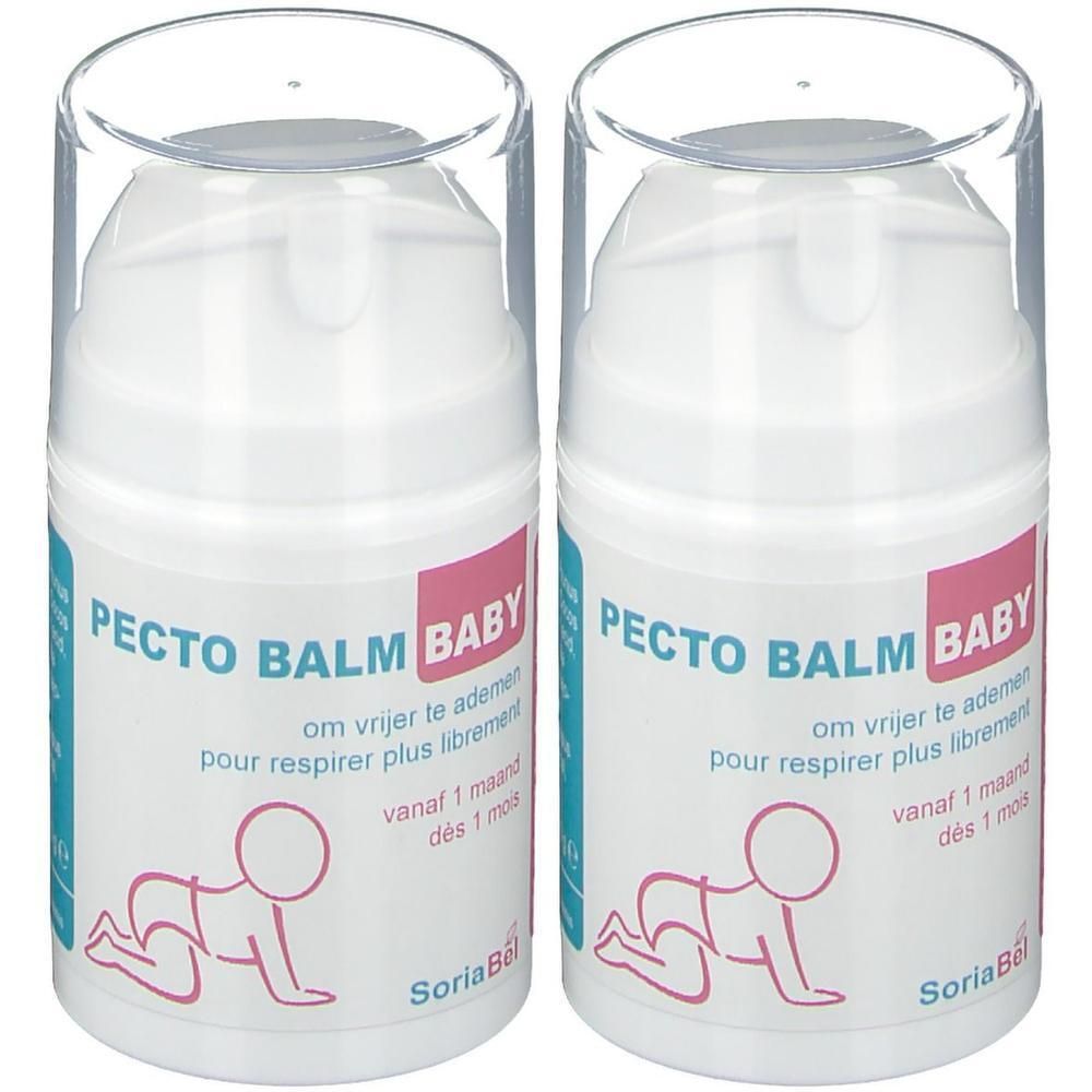 Deux flacons pompes blancs avec couvercles transparents. Inscription : Pecto Balm Baby. Illustration d'un bébé. Marque : SoriaBel.