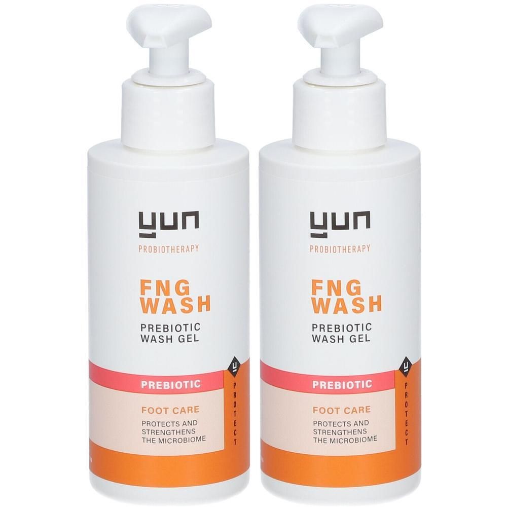 Deux flacons blancs avec pompe. Inscription: YUN, FNG WASH, Prebiotic Wash Gel. Bande orange avec texte.