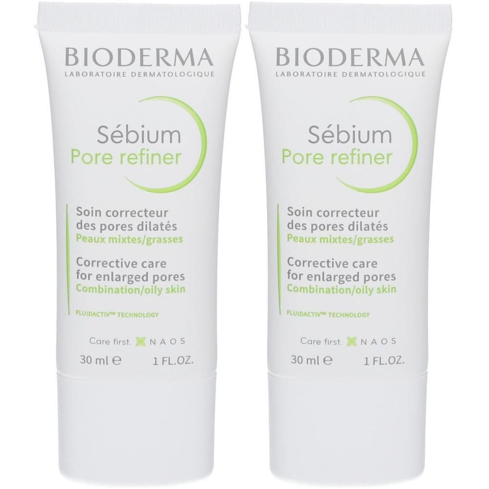 Deux tubes de crème Bioderma Sebium Pore Refiner. Tubes blancs avec texte et logo verts. 30 ml.
