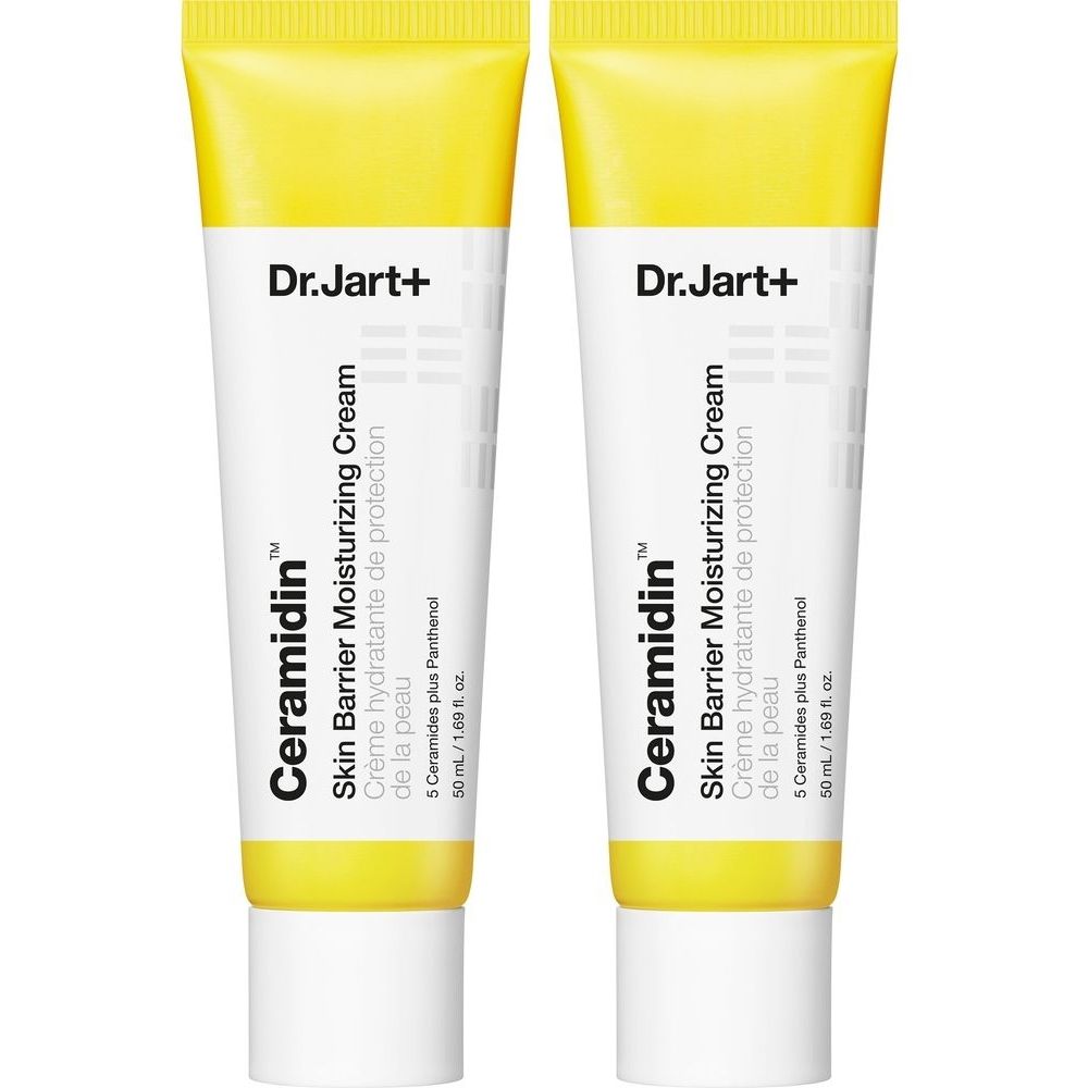 Deux tubes de crème. Inscription: Dr.Jart+ Ceramidin Skin Barrier Moisturizing Cream. Design jaune et blanc.