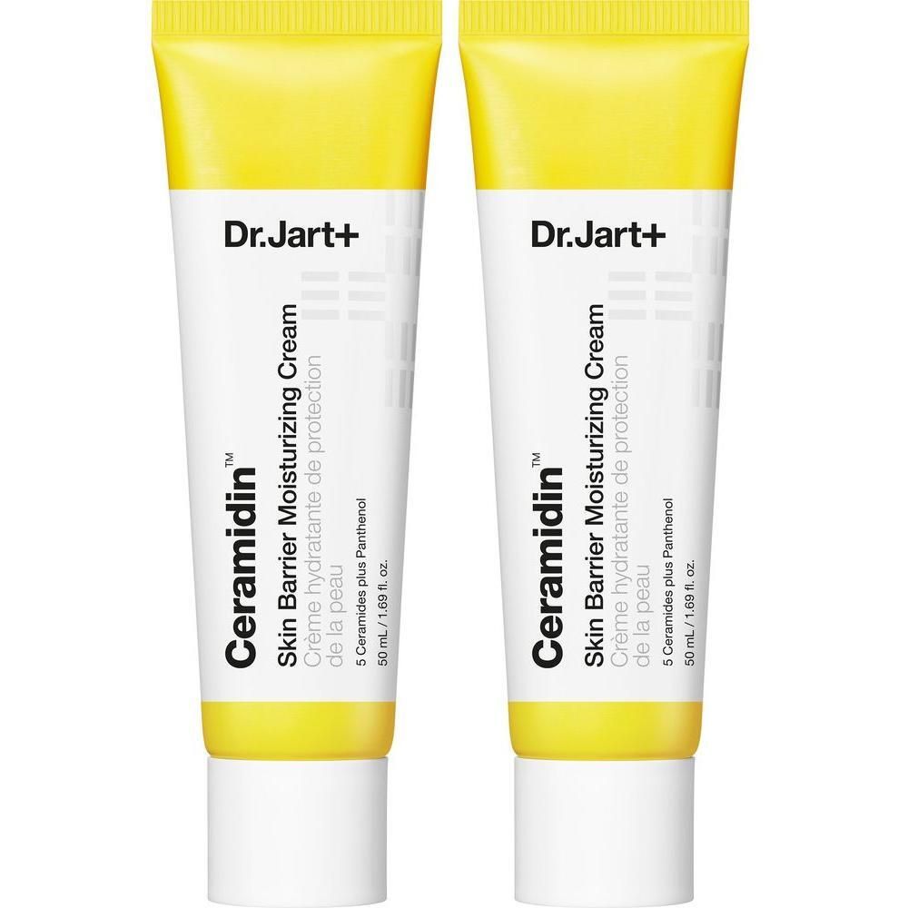 Deux tubes de crème hydratante Dr.Jart+ Ceramidin Skin Barrier. Tubes jaunes avec bouchons blancs. Texte en anglais et français.