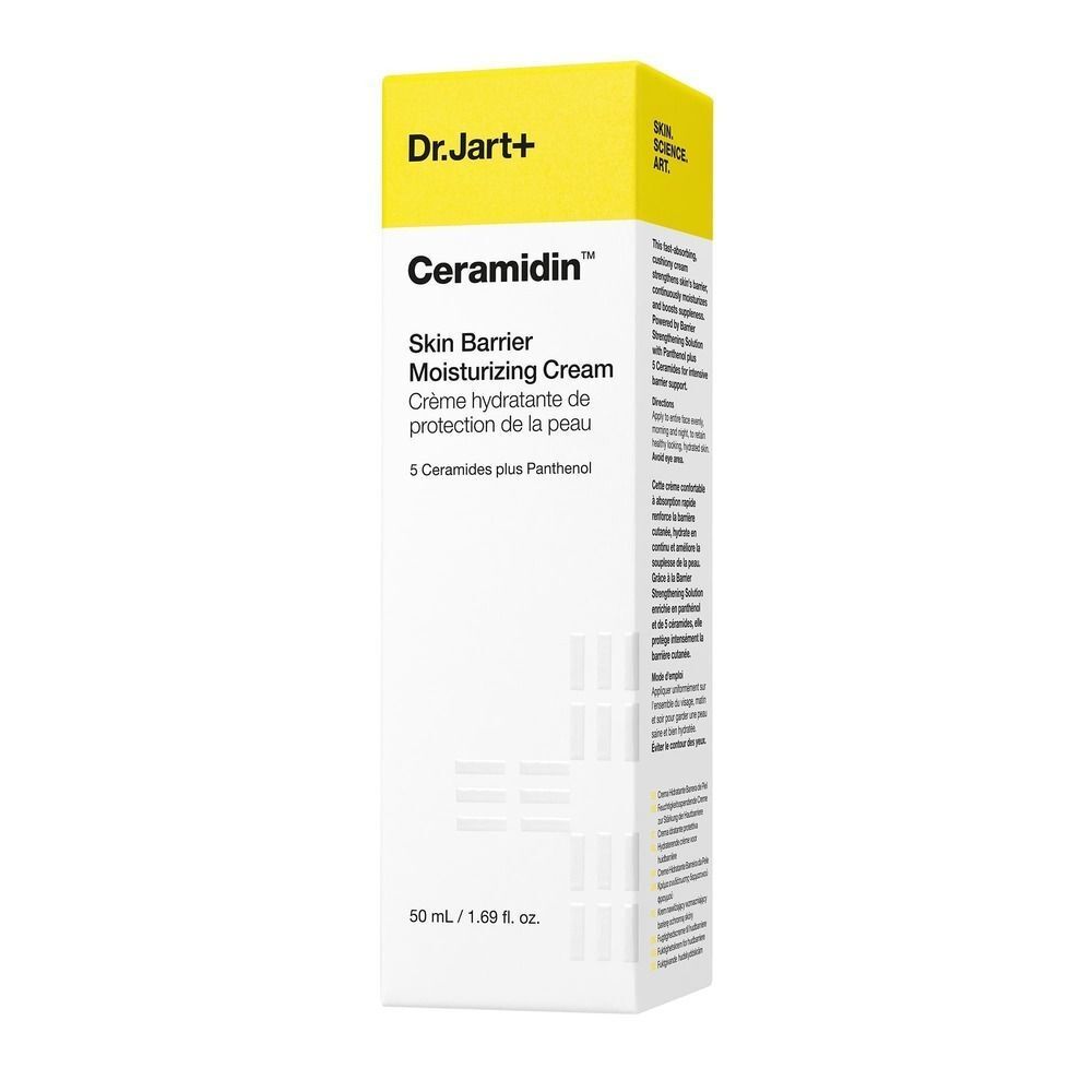 Emballage de Dr.Jart+ Ceramidin Skin Barrier Moisturizing Cream. Boîte blanche avec couvercle jaune. Texte en anglais et français.