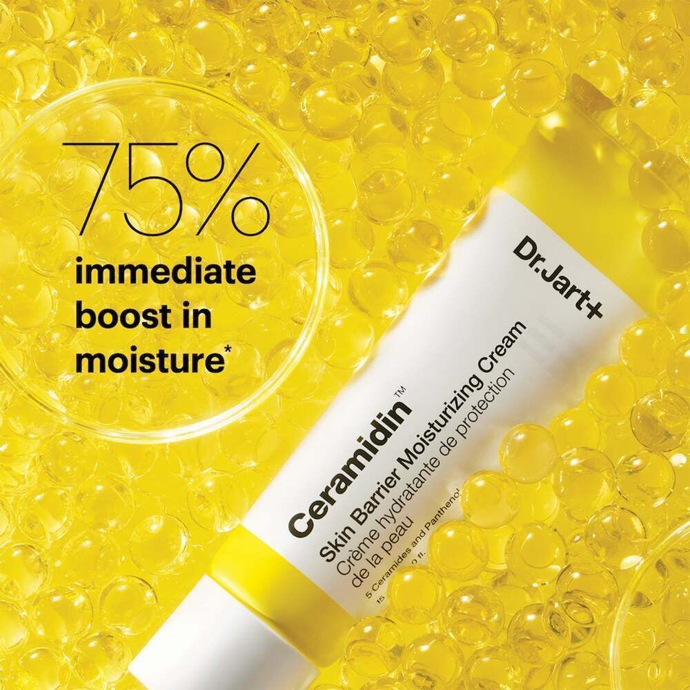 Tube de Dr.Jart+ Ceramidin Skin Barrier Moisturizing Cream sur fond jaune avec texte : 75% d'hydratation immédiate.