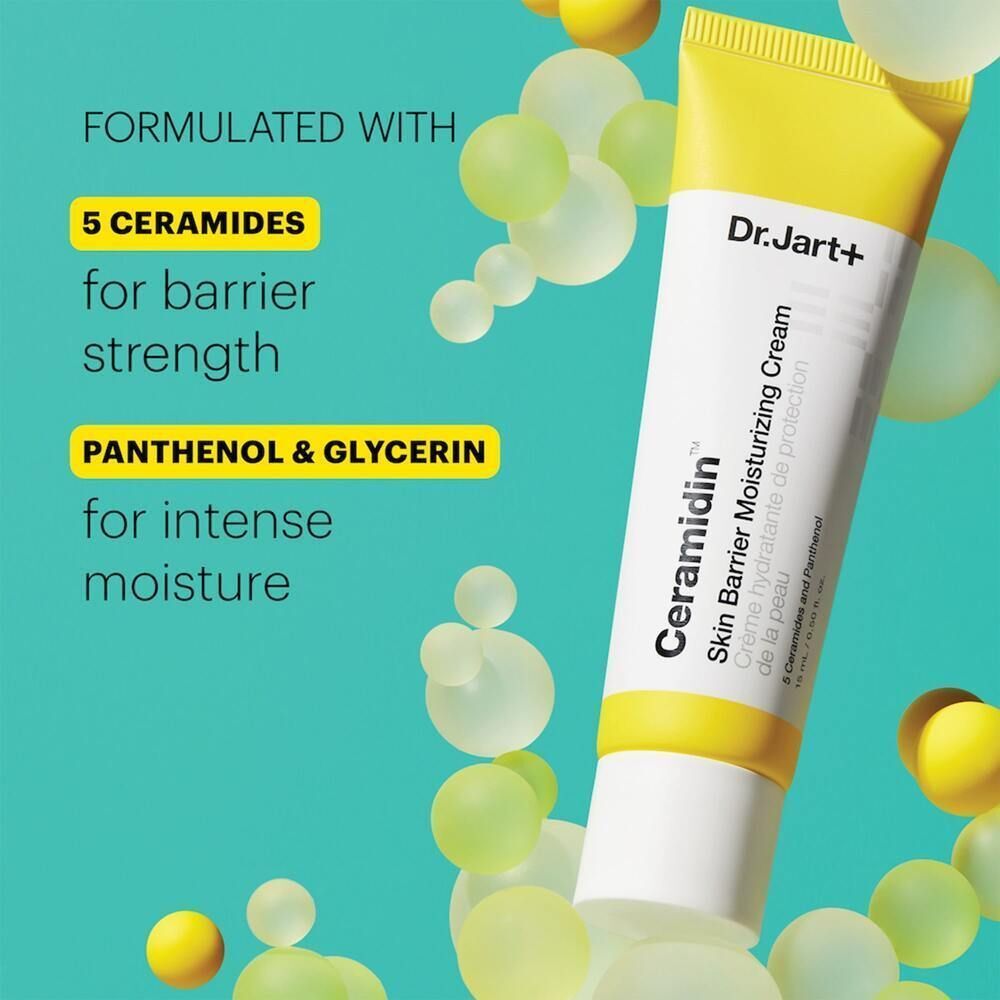 Tube de Dr.Jart+ Ceramidin Skin Barrier Moisturizing Cream avec texte : 5 céramides, panthénol et glycérine. Arrière-plan avec éléments.