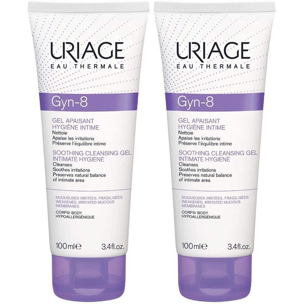 Deux tubes Uriage Gyn-8, blanc et violet. Texte: Gel apaisant, Hygiene intime, Soothing cleansing gel. 100ml, 3.4 fl.oz.