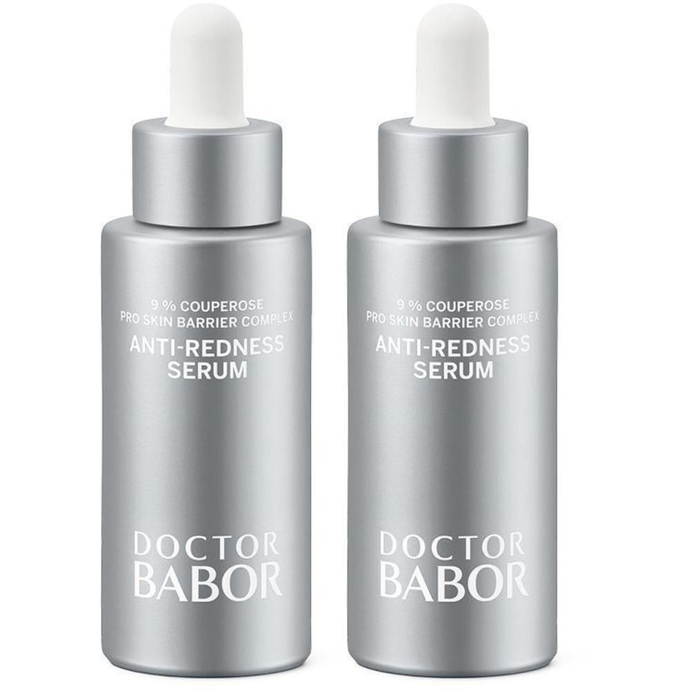 Deux flacons argentés avec pipettes blanches. Inscription: Anti-Redness Serum, Doctor BABOR.