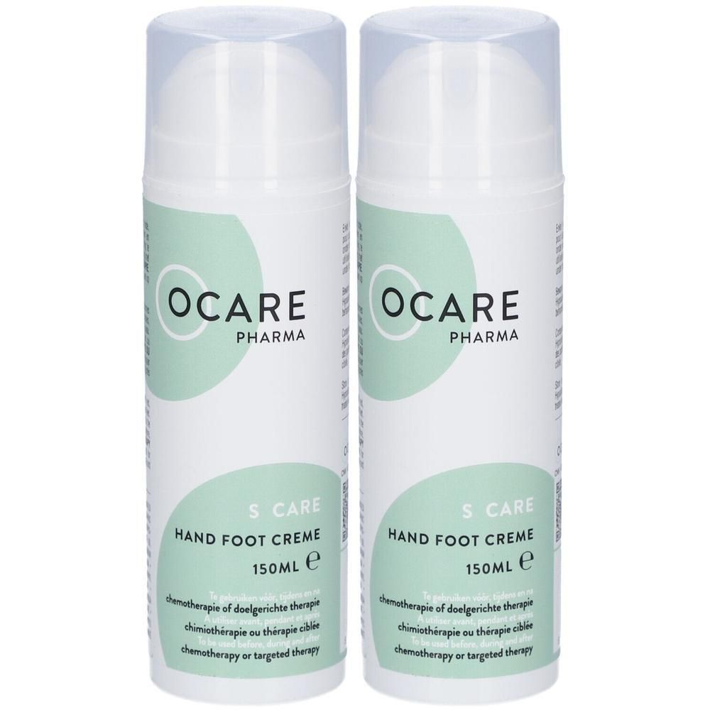 Deux flacons blancs avec logo Ocare Pharma et texte. S Care Hand Foot Crème, 150ml. Pour chimiothérapie.