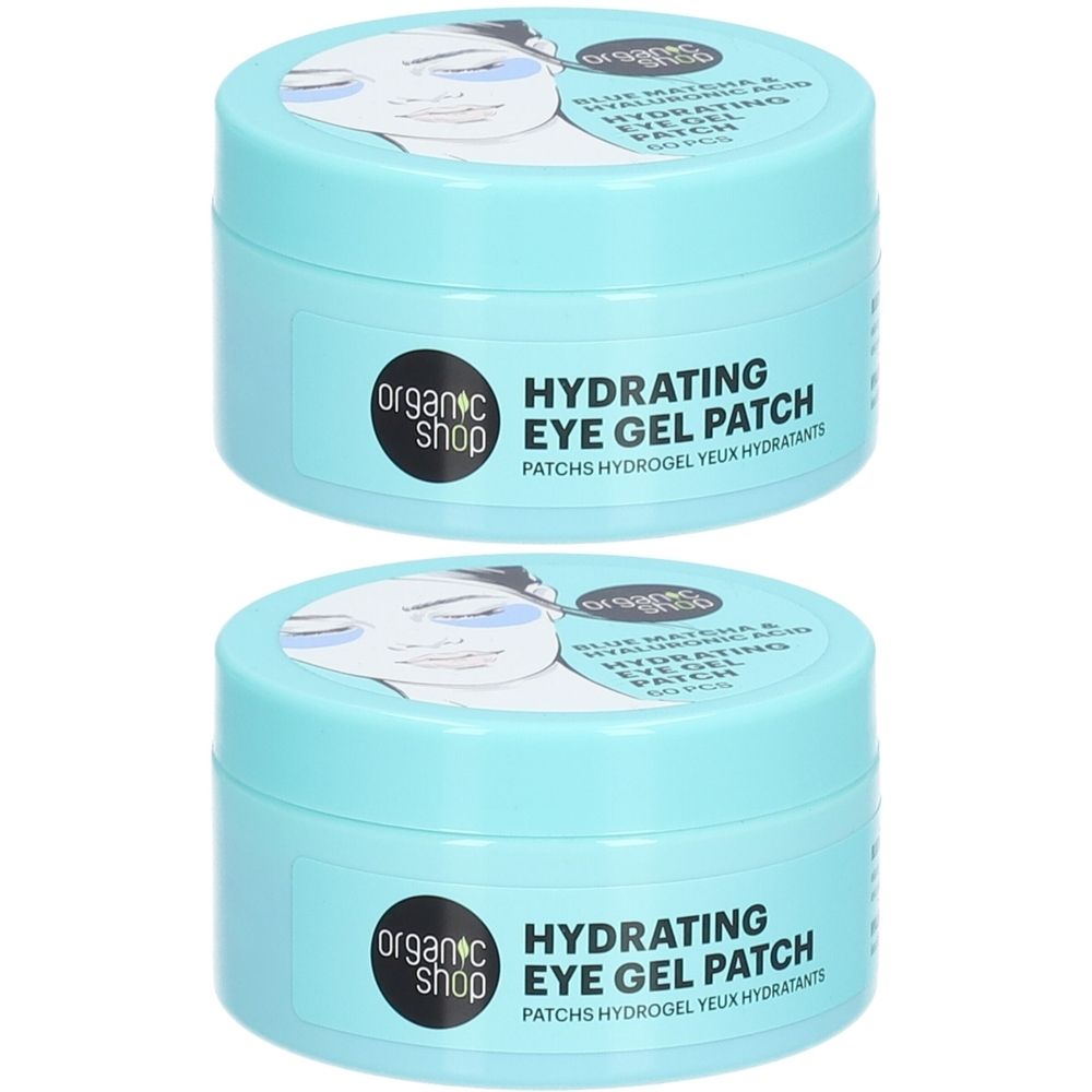Deux pots bleus clairs avec couvercles. Inscription: Organic Shop, Hydrating Eye Gel Patch. Illustration d'un visage avec patchs pour les yeux.