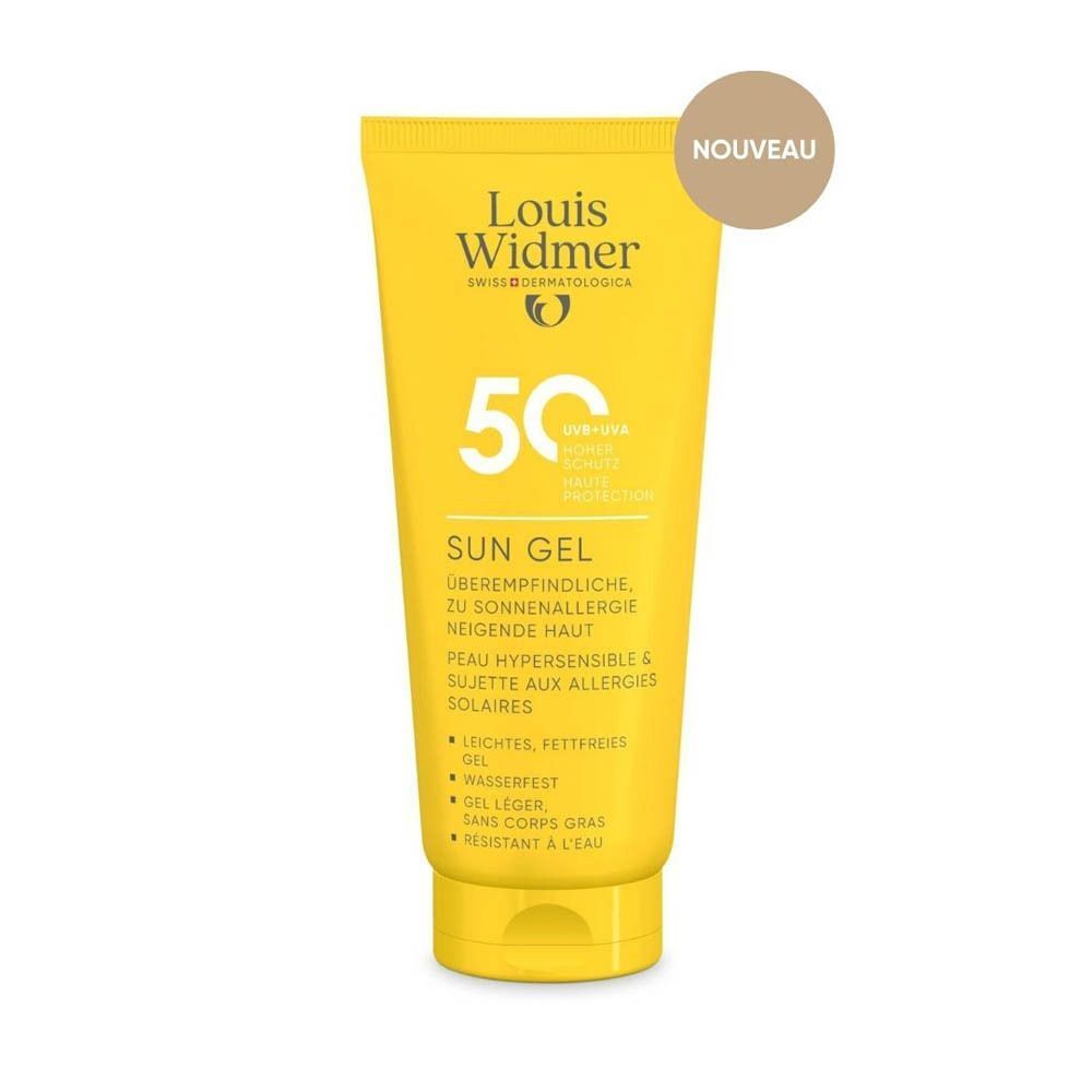 Tube jaune Louis Widmer Sun Gel SPF50 à côté d'une femme souriante. Cercle "Nouveau".