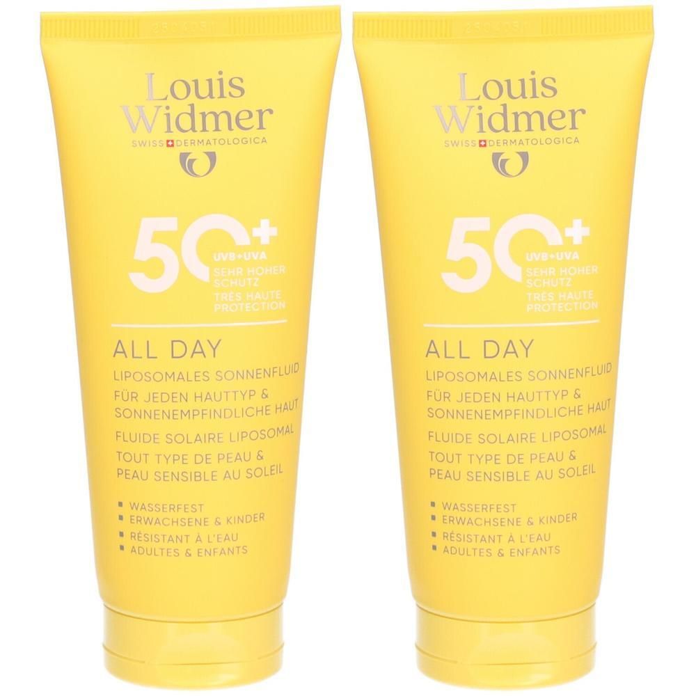 Deux tubes jaunes de Louis Widmer All Day 50+. Inscription: 50+, All Day, protection UV-A/UV-B, résistant à l'eau, pour peaux sensibles.