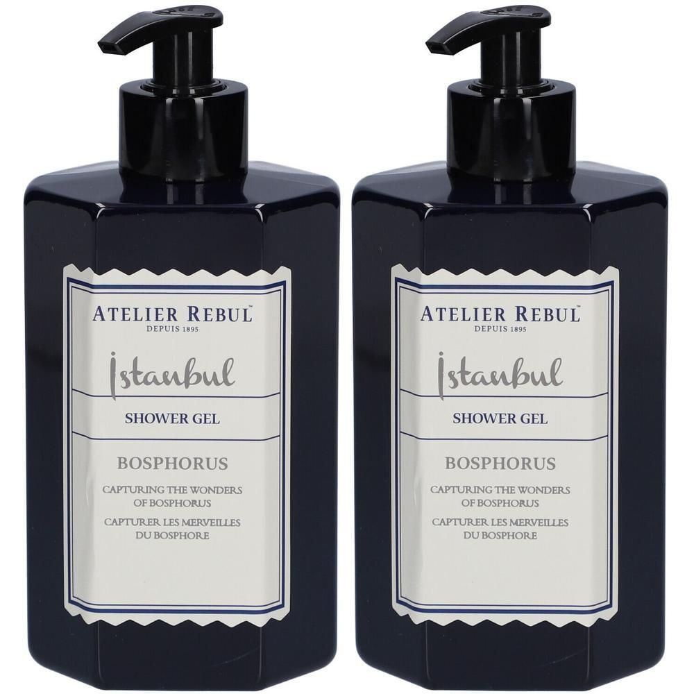 Deux flacons de gel douche bleu foncé, octogonaux, avec pompe noire. Étiquette blanche avec texte.