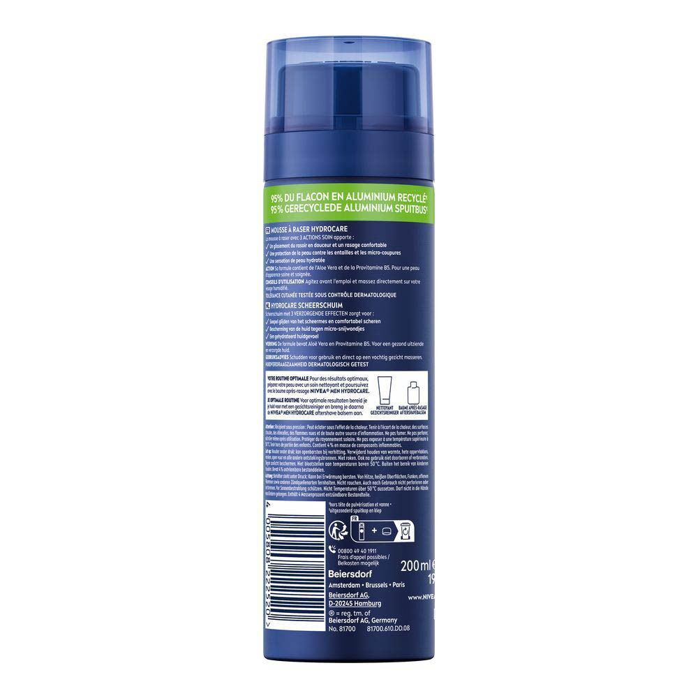 Dos d'un flacon de NIVEA MEN Hydrocare Mousse à Raser. Texte : ingrédients, mode d'emploi, informations fabricant.