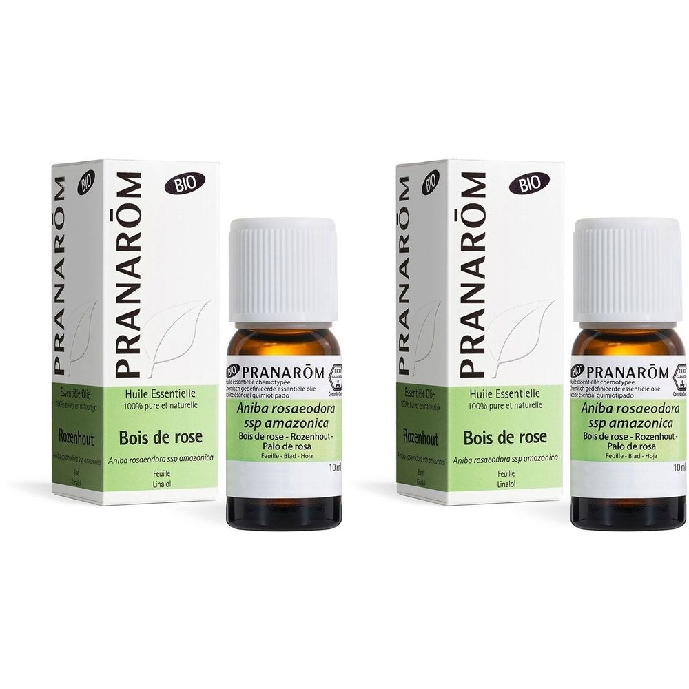 Flacon et boîte Pranarôm Huile Essentielle Bois de Rose Bio. Certification bio.