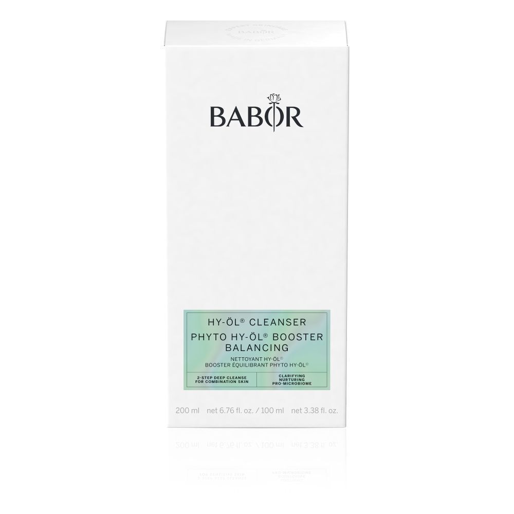 Emballage blanc avec logo BABOR. Inscription HY-ÖL CLEANSER, PHYTO HY-ÖL BOOSTER BALANCING.