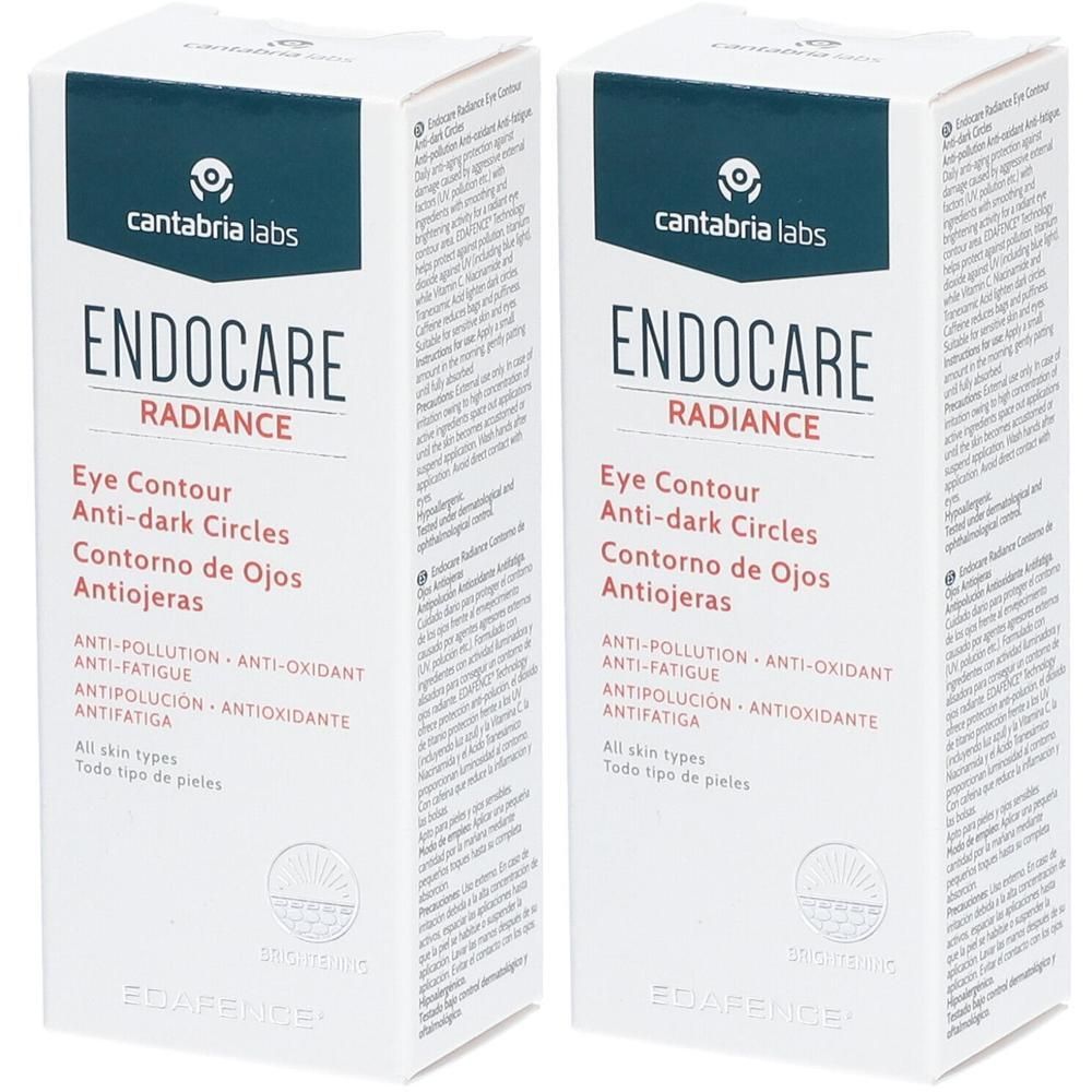 Deux boîtes blanches Endocare Radiance. Texte: Contour des yeux anti-cernes. Marque Cantabria Labs, logo en haut.