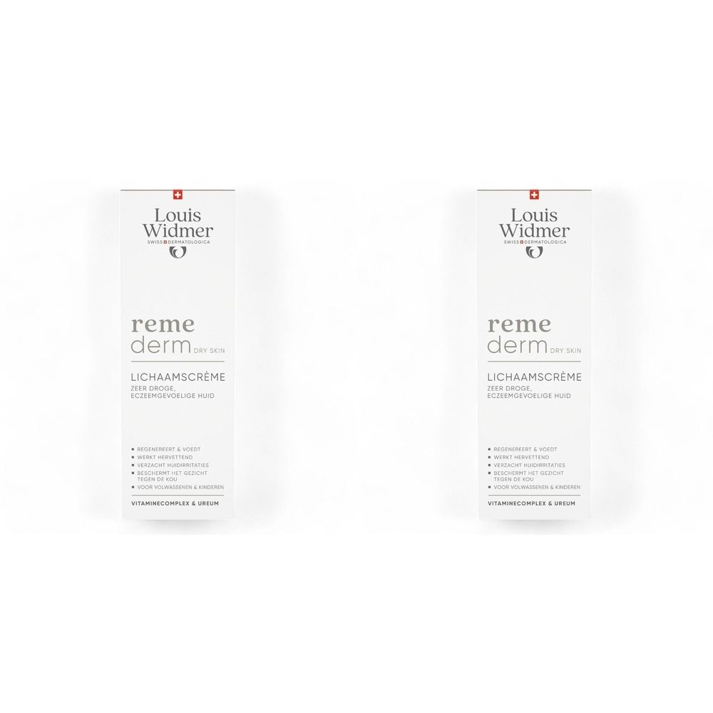 Deux boîtes blanches avec impression du produit. Logo : Louis Widmer. Texte : Remederm, Crème Corporelle, pour peaux sèches et gercées.