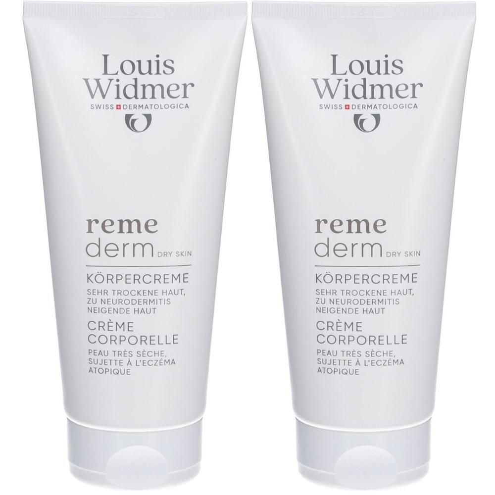 Deux tubes de Crème Corporelle Louis Widmer. Tubes blancs avec logo et texte. Nom du produit et texte en allemand et français.