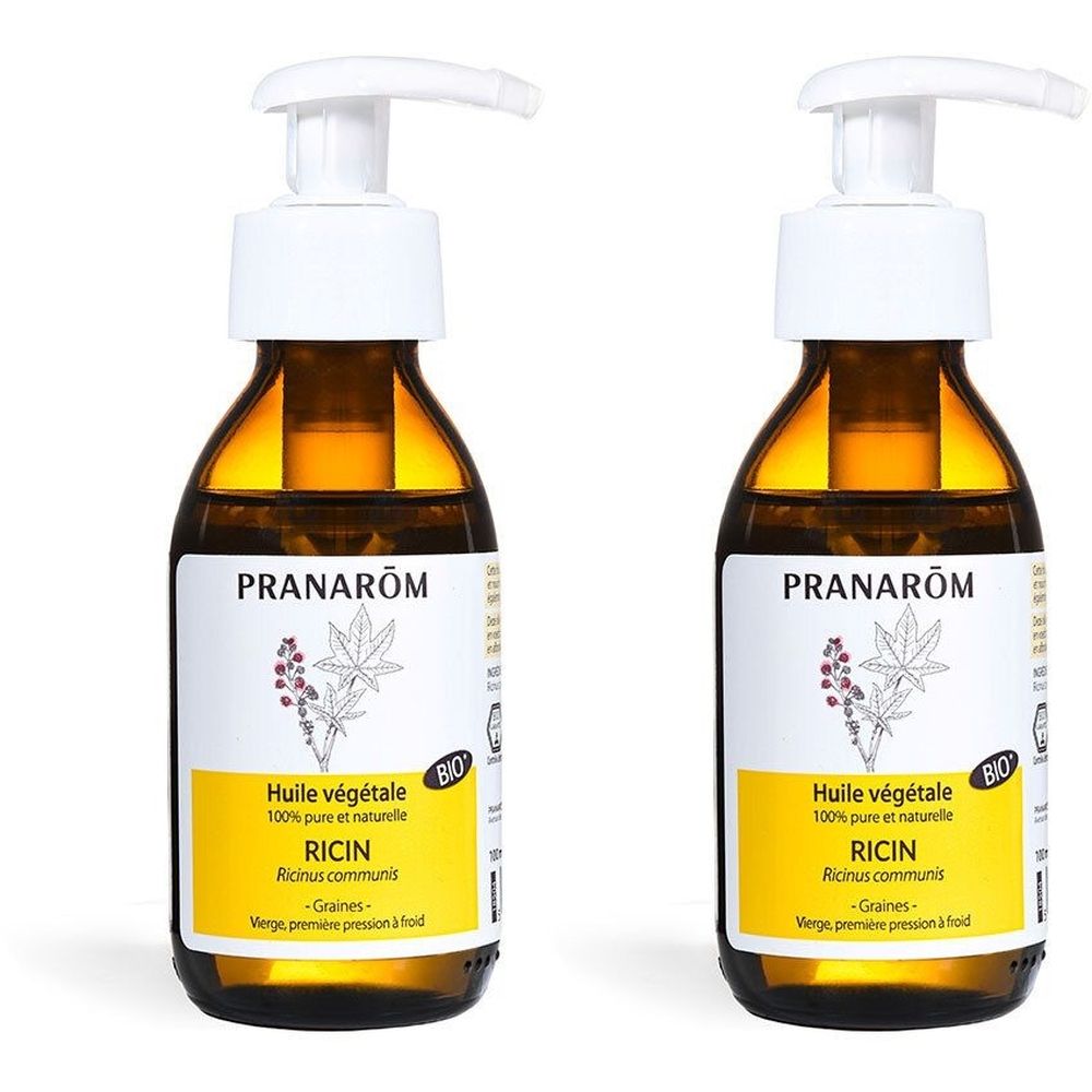 Deux flacons avec pompe. Étiquette avec texte et logo. Inscription: Huile végétale Ricin, Bio.