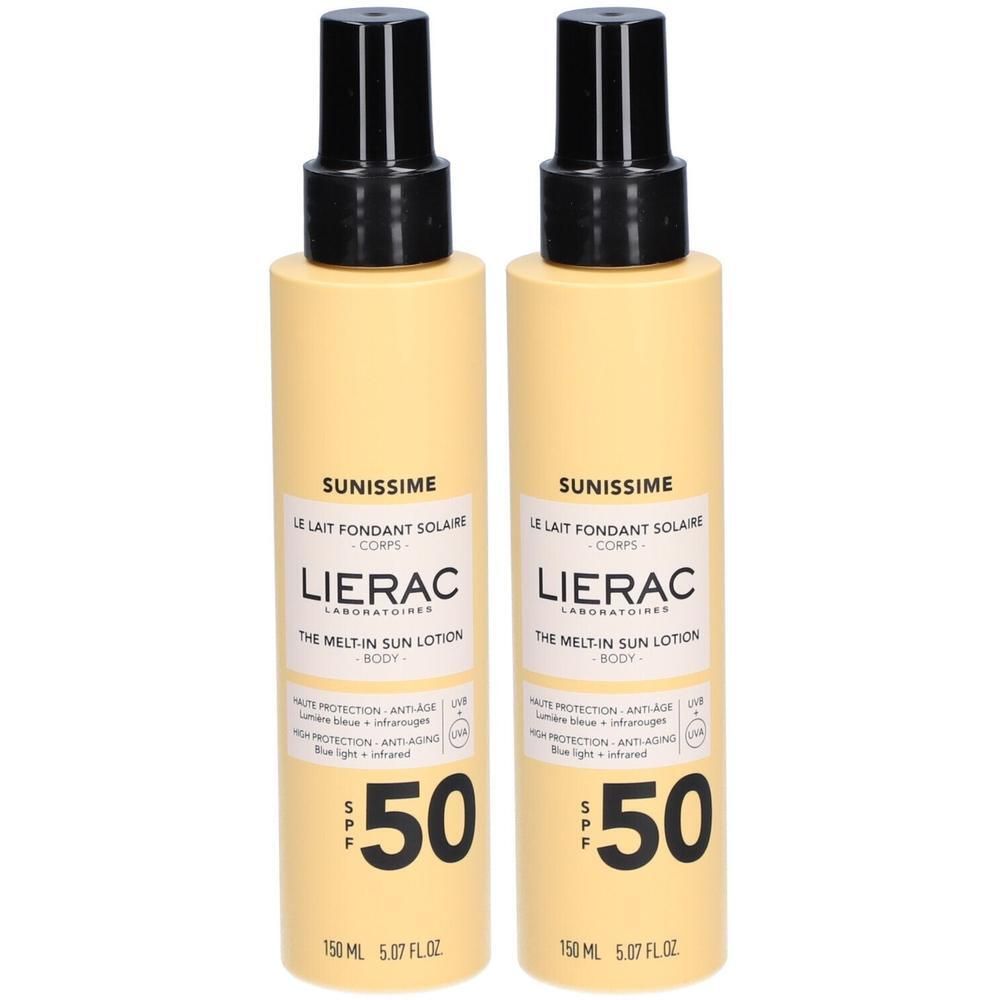 Deux flacons de lotion solaire. Flacons jaunes avec vaporisateur noir. Inscription: LIERAC, Sunissime, SPF50.