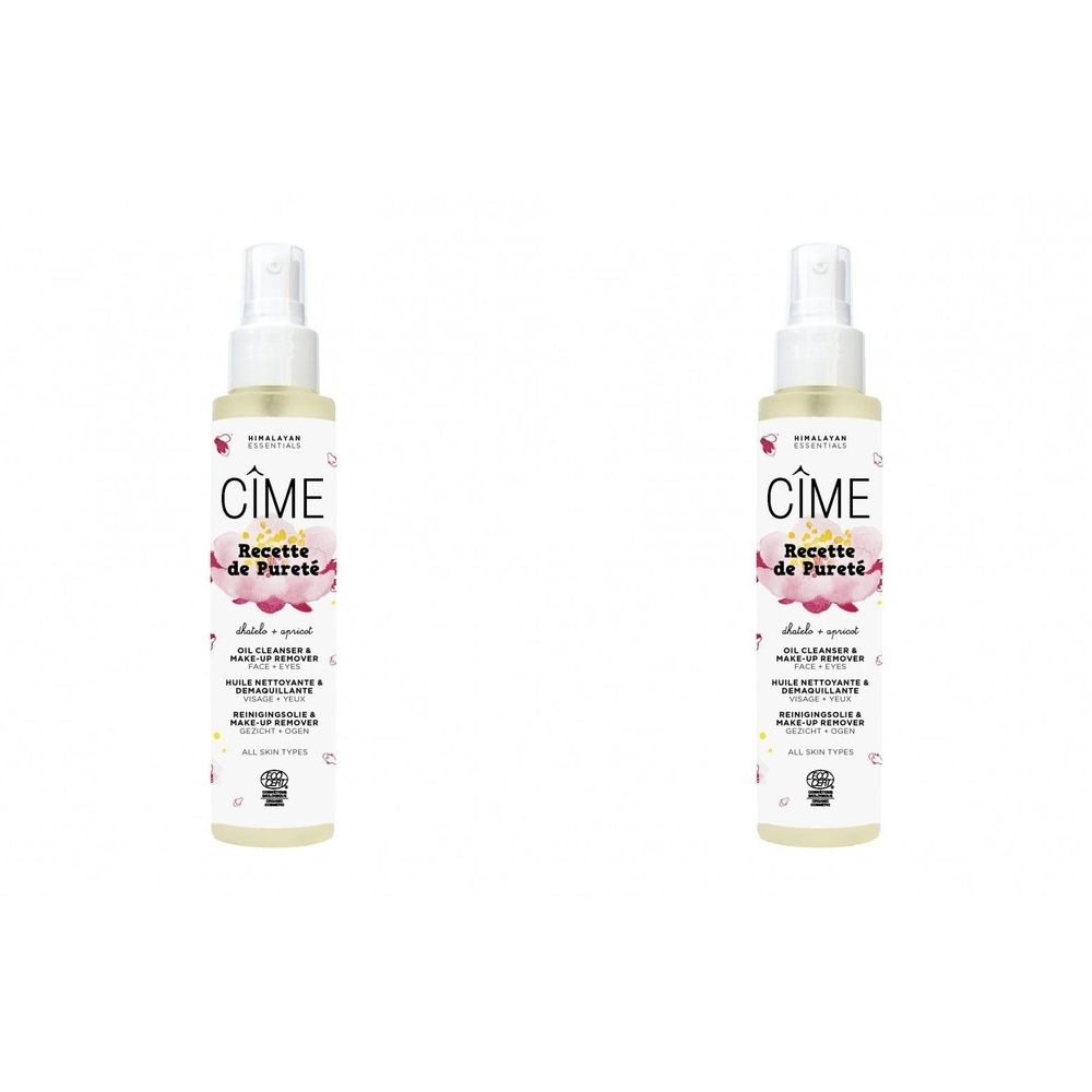 Deux flacons vaporisateurs de liquide jaunâtre. Inscription: Cîme, Recette de Pureté. Design floral et texte.