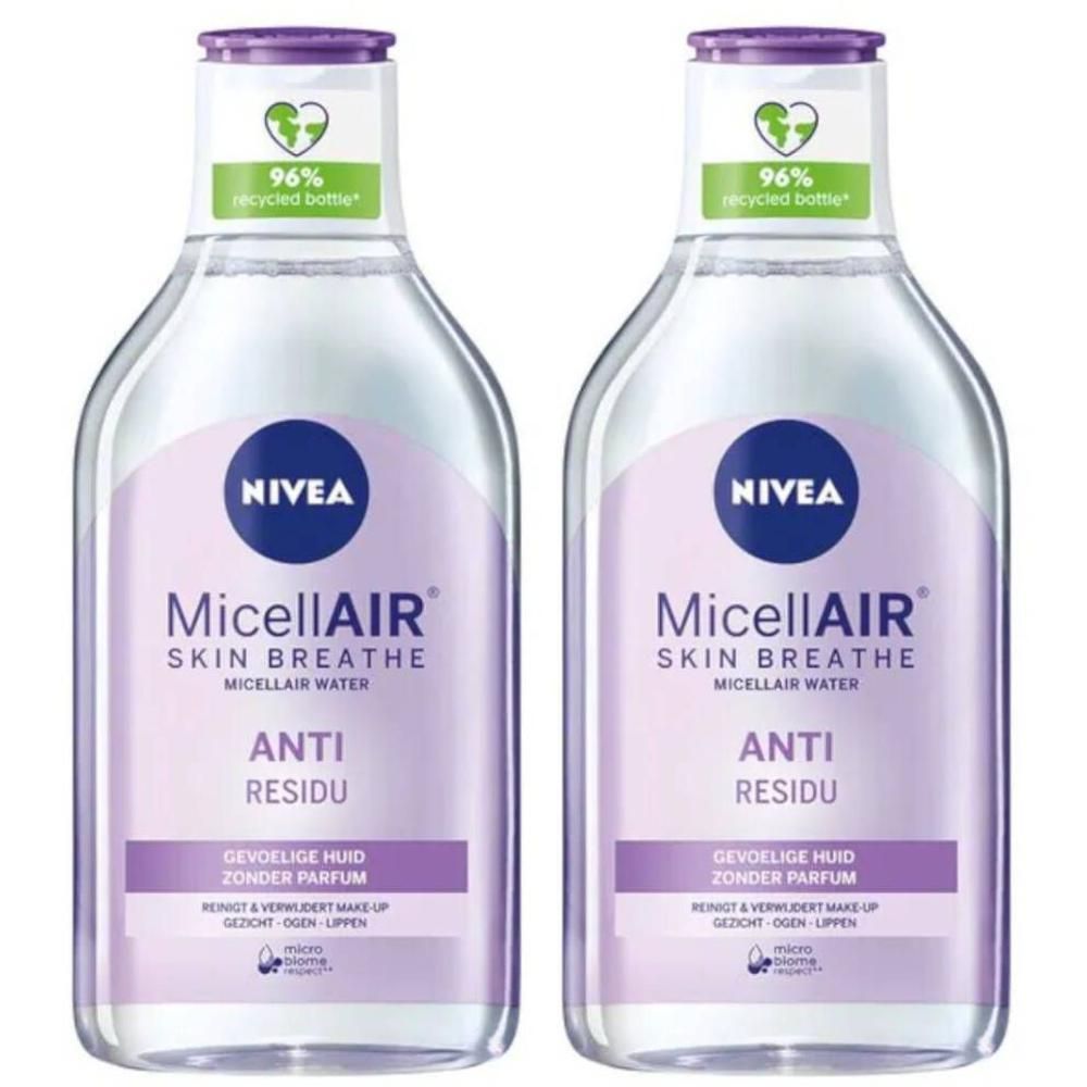 Deux flacons de NIVEA MicellAIR Skin Breathe. Étiquettes violettes, bouchon bleu, bouteille recyclée à 96%.