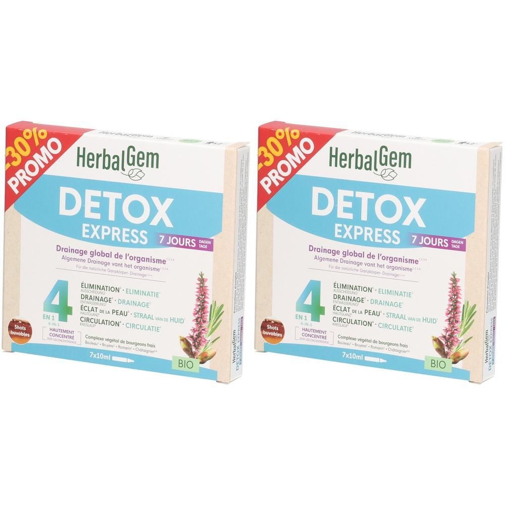 Deux boîtes HerbalGem Detox Express, cure de 7 jours, avec autocollant 30% Promo.